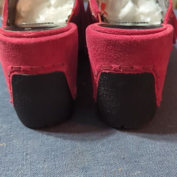 VICTORIA SECRET SENELA 9 red LEATHER Sexy 70s Vibe MULE FRINGE WEDGE SHOE - Picture 5 of 11